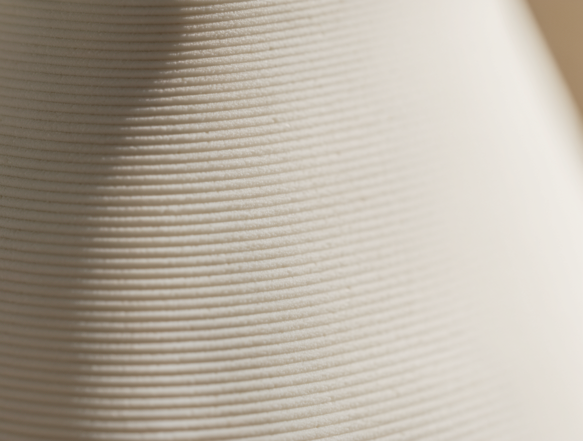 Nahaufnahme feiner Druckschichten auf einer hellen, 3D-gedruckten Oberfläche